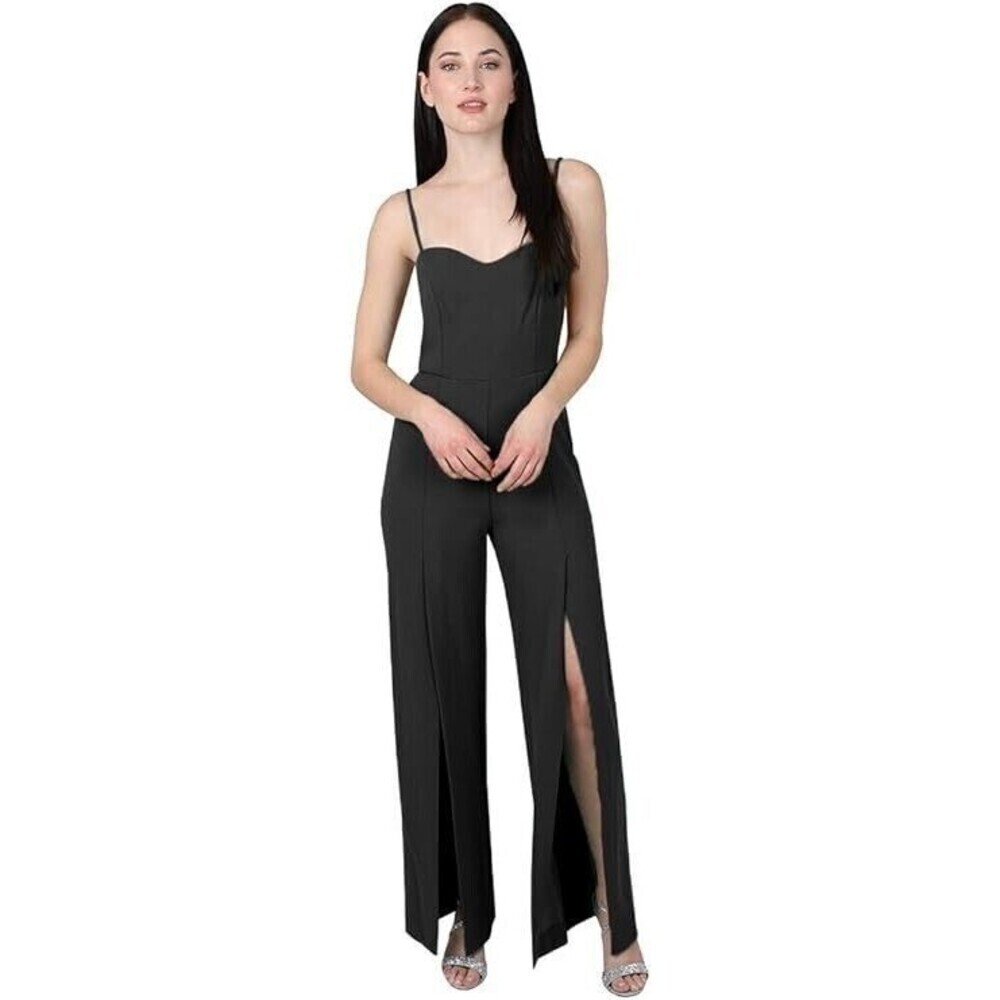 bebe‎ Women Spaghetti Strap Sweetheart Neck Scuba Crepe Jumpsuit Size L Open Leg
